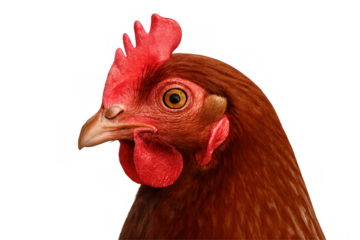 Brown chicken head close-up with its red comb and wattle, eye visible, looking towards the left, transparent background