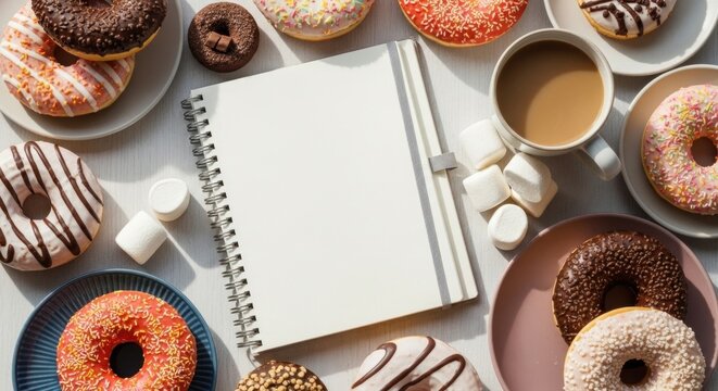 Various donuts and a blank notebook on a table. - Powered by Adobe