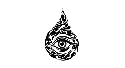 Mysterious eye symbol with intricate tribal patterns and flame-like accents, representing vigilance and insight.
