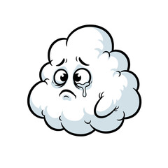 Obraz premium A cartoon illustration of a sad, crying white cloud with a melancholic expression and tears falling, isolated on a white background.