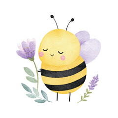 Cute Watercolor Bee Holding Purple Flower Illustration.