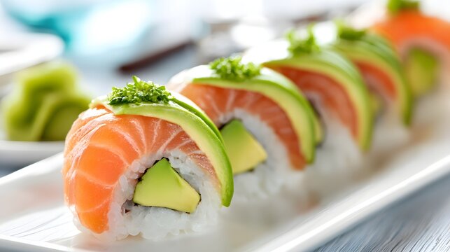 Fresh salmon and avocado sushi roll on a white plate. - Powered by Adobe