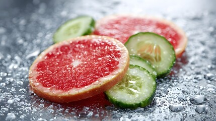 Fresh slices of pink grapefruit and cucumber on a wet surface with water droplets.