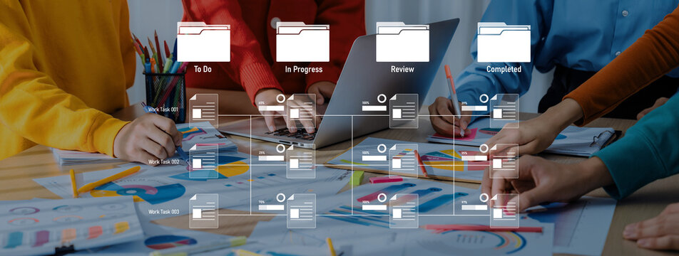 A diverse team collaborates on project management, surrounded by colorful charts and digital tools, illustrating dynamic workflows and task progress in a modern office setting. Trope