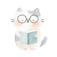 Cute Watercolor Cat Reading Book with Glasses 1.