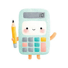 Cute Watercolor Calculator Character Holding Pencil.