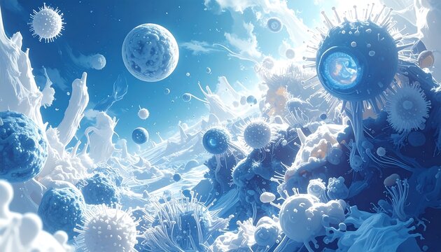 Artistic representation of microscopic world of cells and viruses in blue and white