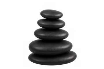 Balancing black zen stones stacking, creating harmony and relaxation on transparent background for wellness concepts