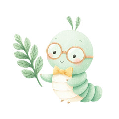 Cute Watercolor Caterpillar with Glasses Holding Leaf Branch.