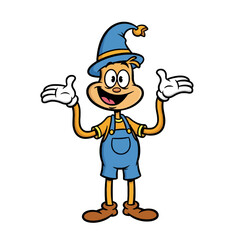Naklejka premium A cheerful cartoon gnome character wearing a blue pointy hat, overalls, and white gloves with a welcoming gesture.