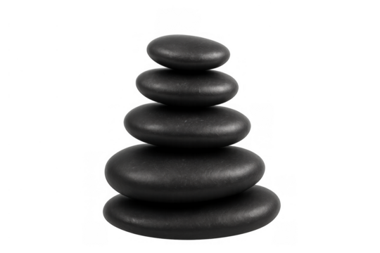 Balancing black zen stones stacking, creating harmony and relaxation on transparent background for wellness concepts