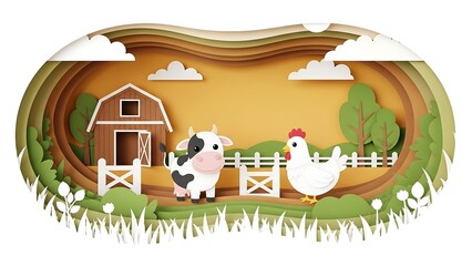 Obraz premium Paper cut farm scene with barn, cow, and chicken.