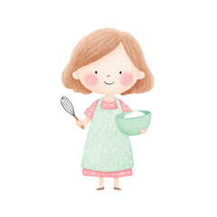 Cute Watercolor Girl Baking Illustration.