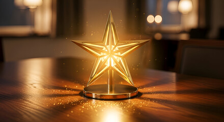 Illuminated golden star shaped lamp casting warm light and intricate shadows on a wooden table creating a cozy and festive atmosphere indoors