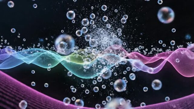 Bubbles rising over wavey purple/blue grid on black