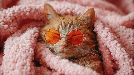 Orange tabby cat wearing round orange sunglasses nestled in pink fluffy blanket image