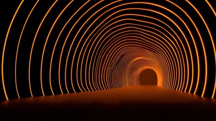 Futuristic abstract tunnel with glowing orange neon rings.