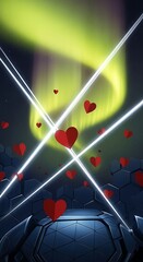 Futuristic heart display amid aurora, hexagonal backdrop and neon beams