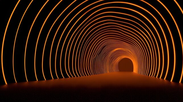 Futuristic abstract tunnel with glowing orange neon rings. - Powered by Adobe