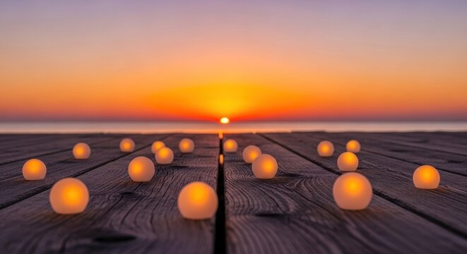 A wooden pier with floating candles at sunset.