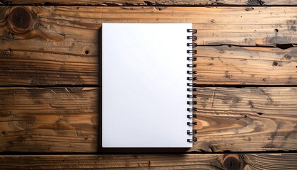 A blank white notebook with spiral binding rests atop a rustic wooden surface with visible grain and knots. The composition is simple