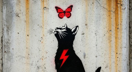 Street Art Cat Looking at Red Butterfly with Lightning Bolt