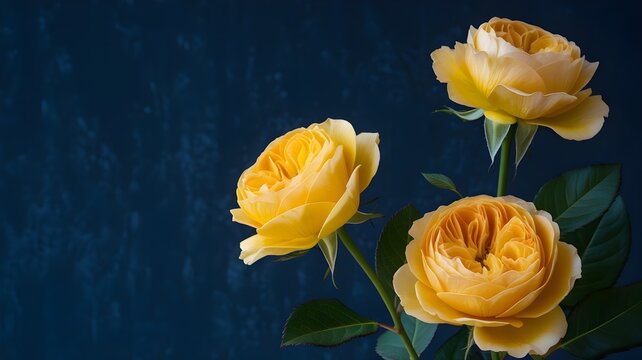 Three beautiful yellow english roses with green leaf against a dark blue background