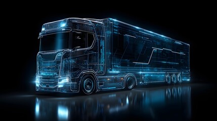 Futuristic digital semi truck with glowing blue lines on a dark background.