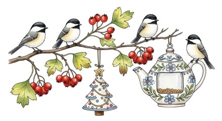 Three Chickadees perched on a branch with berries and a teapot, surrounded by holiday decorations.