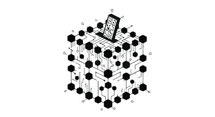 Digital network structure with a smartphone at its center, representing connectivity and technology.
