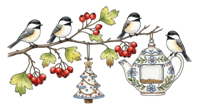 Three Chickadees perched on a branch with berries and a teapot, surrounded by holiday decorations.