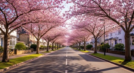 A street lined with cherry blossom trees in full bloom, casting a tunnel of pink petals overhead.