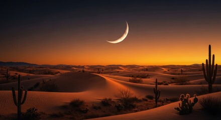 Crescent moon over desert landscape with cacti and sand dunes at sunset.