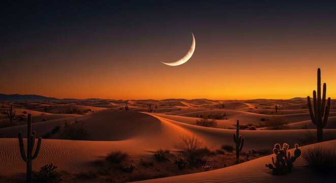 Crescent moon over desert landscape with cacti and sand dunes at sunset.