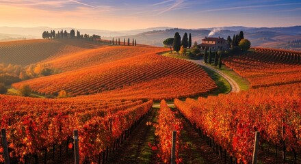 Obraz premium Autumnal vineyards with orange and red leaves, a house in the distance, and a clear sky.