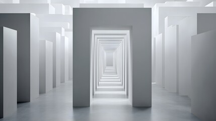 Fototapeta premium Futuristic minimalist corridor with repeating archways creating an infinite tunnel effect.