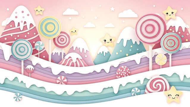 Whimsical Candy Landscape with Cute Characters and Pastel Colors.
