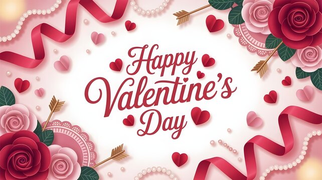 Happy valentines day greeting card with red rose, ribbon, heart, and arrow decoration