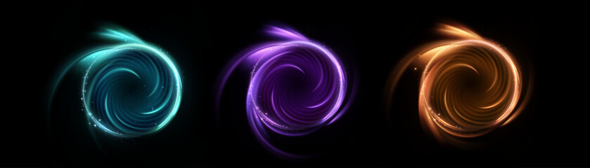 A set of glowing magical circular vortexes on a dark black background. Bright circular portals for fantastic spells, game effects, and light overlays.