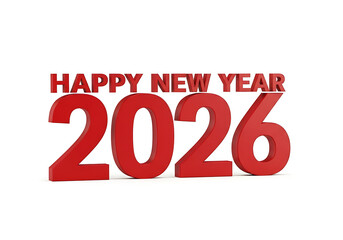 Happy New Year 2026 in red 3D letters on white background.
