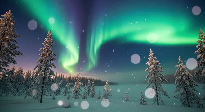 A serene winter landscape with snow-covered trees and a vibrant aurora borealis in the sky. - Powered by Adobe