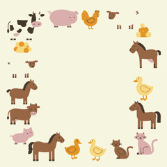 Farm animals arranged in a circle on a beige background.