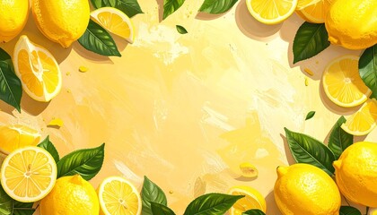 Bright lemons and leaves create a vibrant border on a sunny yellow background for fresh summer vibes and culinary inspiration
