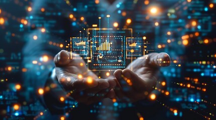 Hands holding glowing digital interface with abstract data visualization background