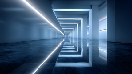 Futuristic Sci Fi neon glowing blue tunnel corridor with reflective floor.