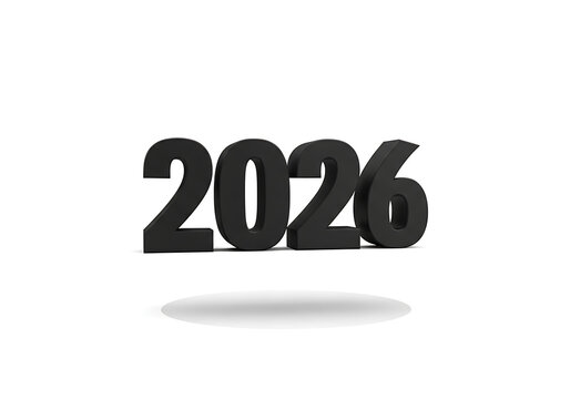 Black three-dimensional rendering of the year 2026, casting a shadow on a white background.