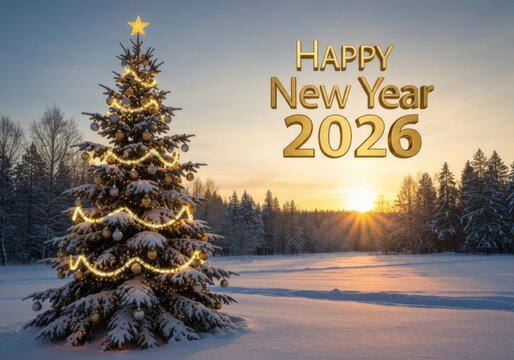 Happy New Year 2026 with a snowy Christmas tree, festive and serene, against a winter forest landscape at sunset