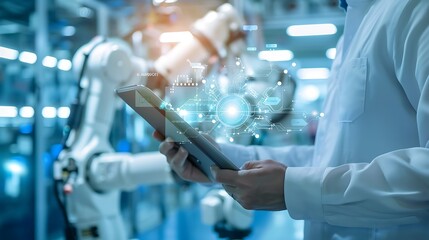 Engineer working with robotic arm and digital interface in futuristic factory