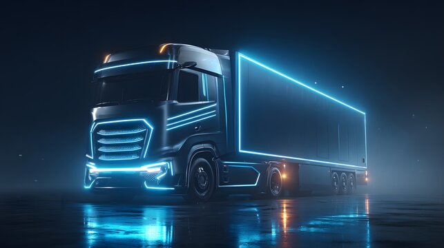 Futuristic semi truck with glowing blue neon lights in a dark setting.
