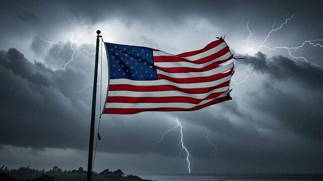 American flag waving in dramatic storm with lightning strikes, creating a powerful symbol of resilience and strength in challenging times